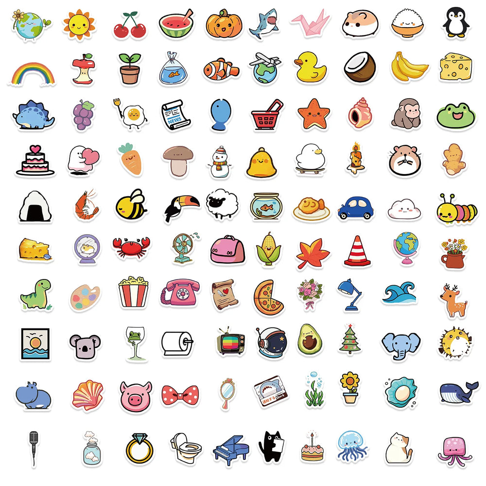 100pcs Cute Mini Animals Foods Cartoon Graffiti Stickers Phone Guitar Laptop Notebook Suitcase Cup Waterproof Sticker Kids Toy (ONLINE ORDER ONLY)