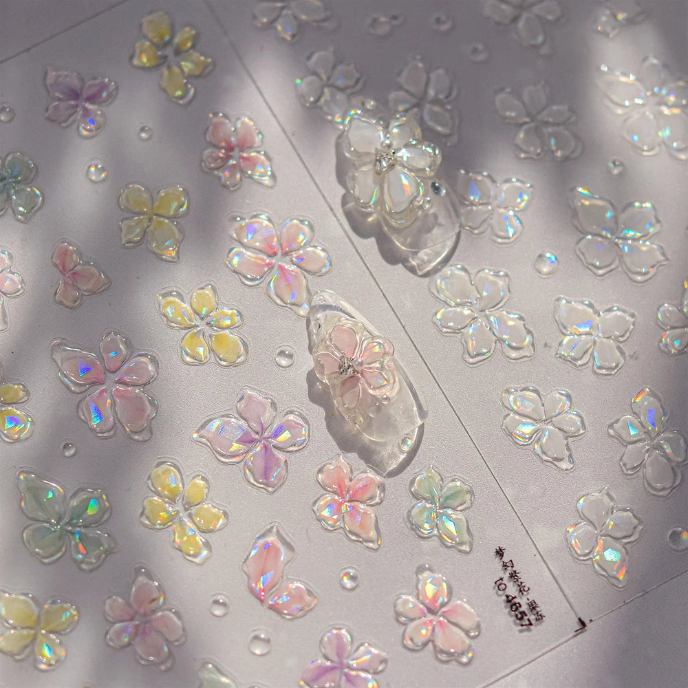 Gradient Coloredful Flower Petal Green Leaf Dreamy Shiny Chinese Rose Fantasy Relief Adhesive Nail Art Stickers Manicure Decals (Online Order Only)