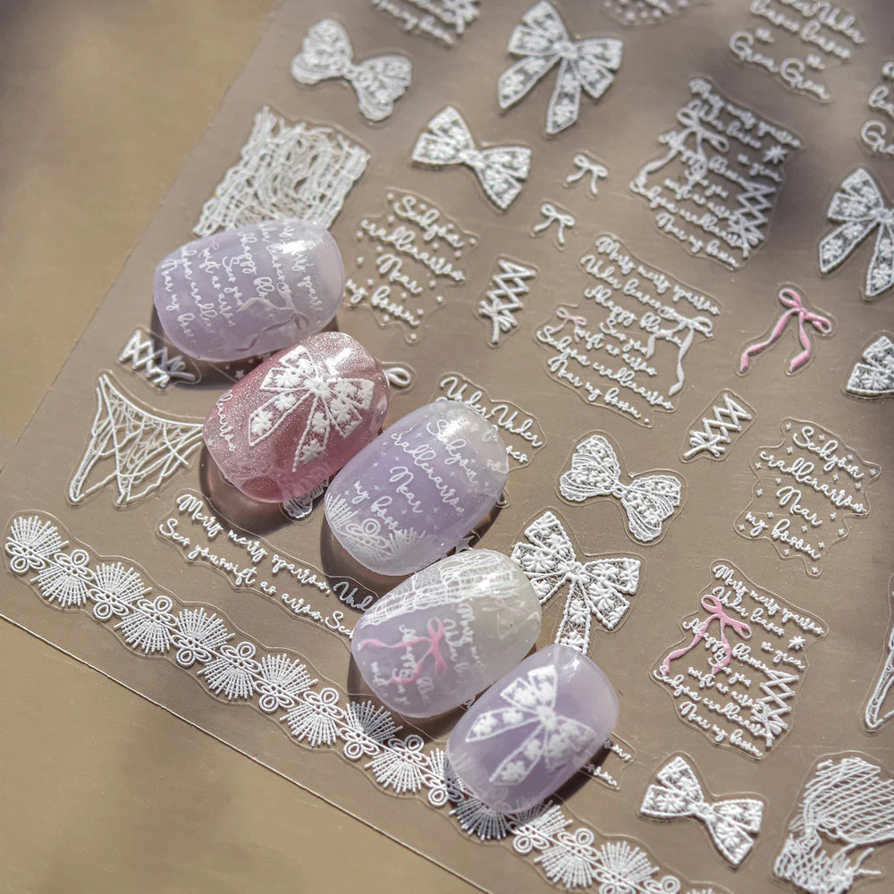Retro White Lace Fabric Piece Bowknot English Letter Decorative Border Irregular Cloth Block Adhesive Nail Art Stickers Decals (ONLINE ORDER ONLY)