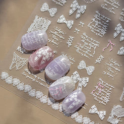 Retro White Lace Fabric Piece Bowknot English Letter Decorative Border Irregular Cloth Block Adhesive Nail Art Stickers Decals (ONLINE ORDER ONLY)