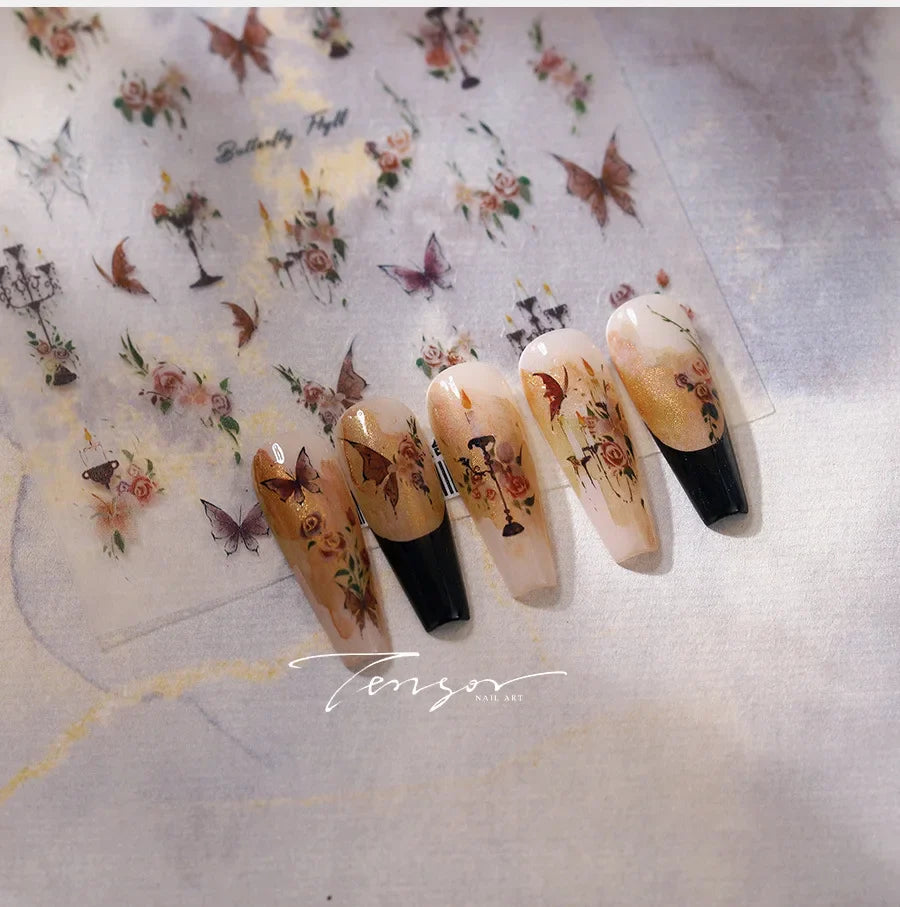 Charming Butterfly Candle Holder Candlestick Chic Rose Flower Romantic Self Adhesive Nail Art Stickers Rhinestone Manicure Decal (ONLINE ORDER ONLY)