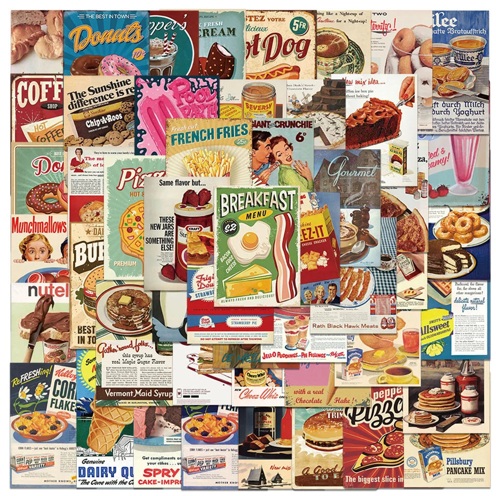 50pcs Aesthetic Vintage Food Stickers Cartoon Pizza Milk Coffee Burger Snack Stickers Laptop Luggage Guitar Diary Vinyl Decals (ONLINE ORDER ONLY)