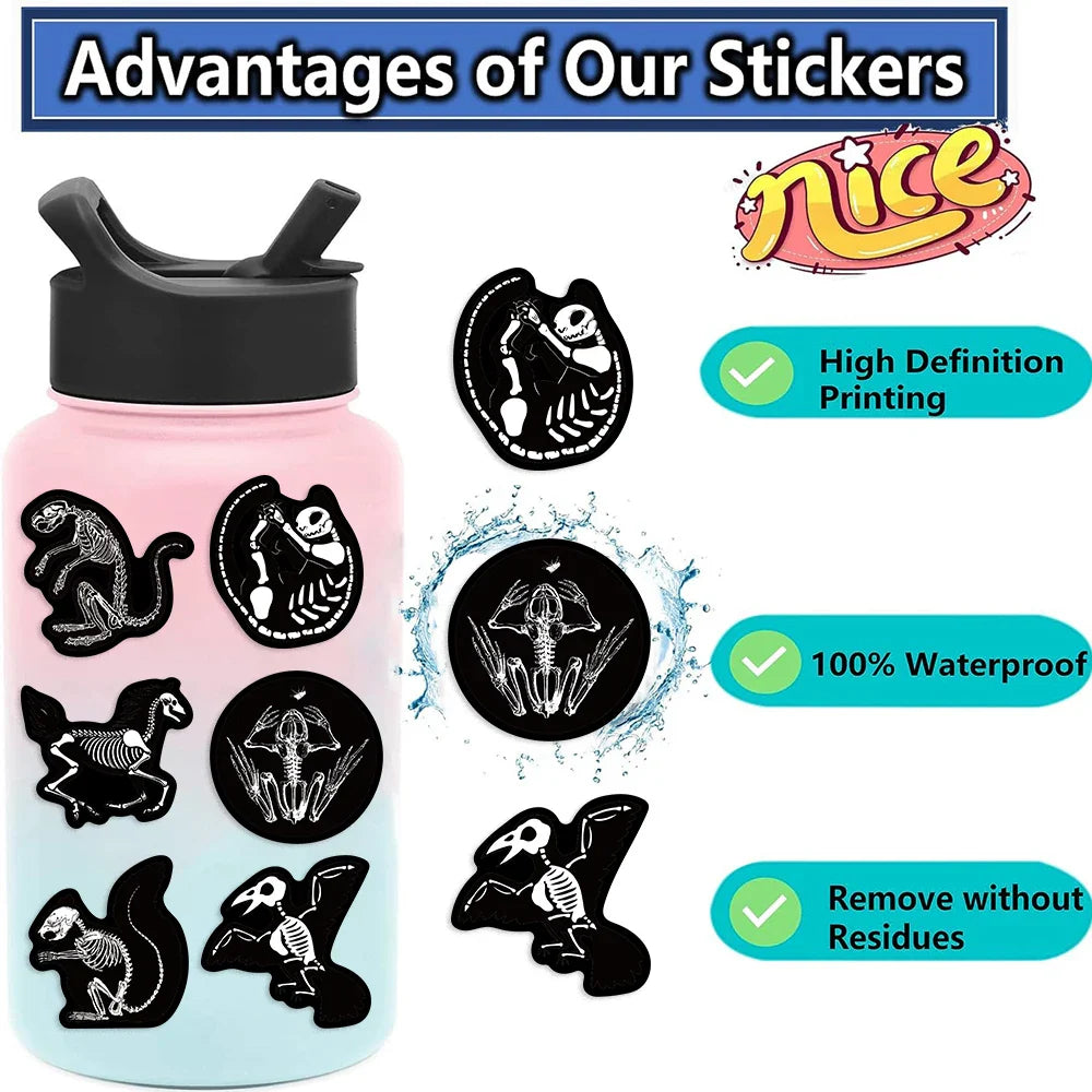 56pcs Animal Skeleton Cool Stickers for Laptop Scrapbook Waterproof Cartoon Graffiti Decals Dark Sticker Toys Decor (Online Order Only)
