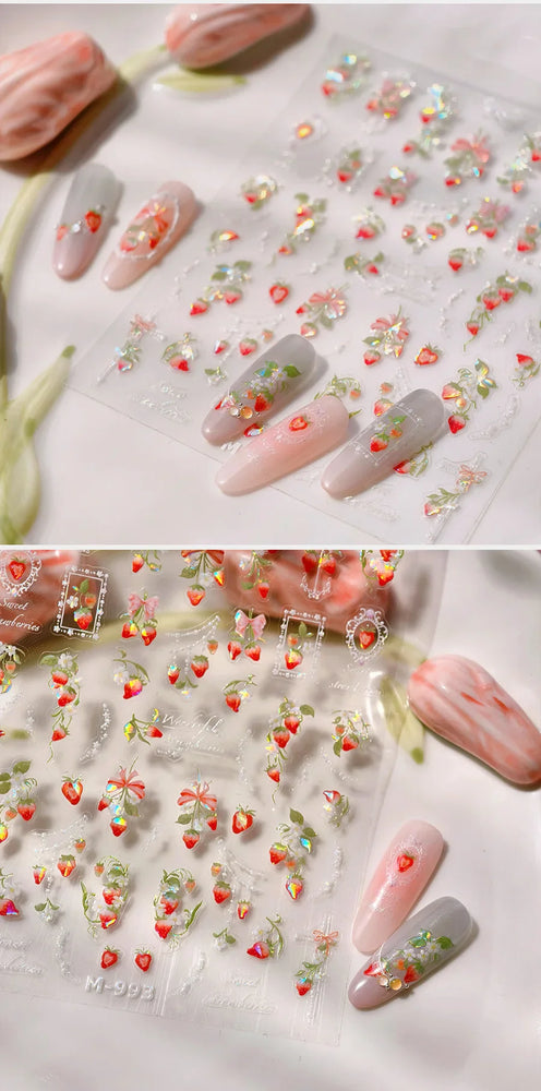 Strawberry Retro Lace Border  Flower Lovely Fruit Pearl Pendant Leaves Self Adhesive Nail Art Stickers Manicure Decal Wholesale (Online Order Only)