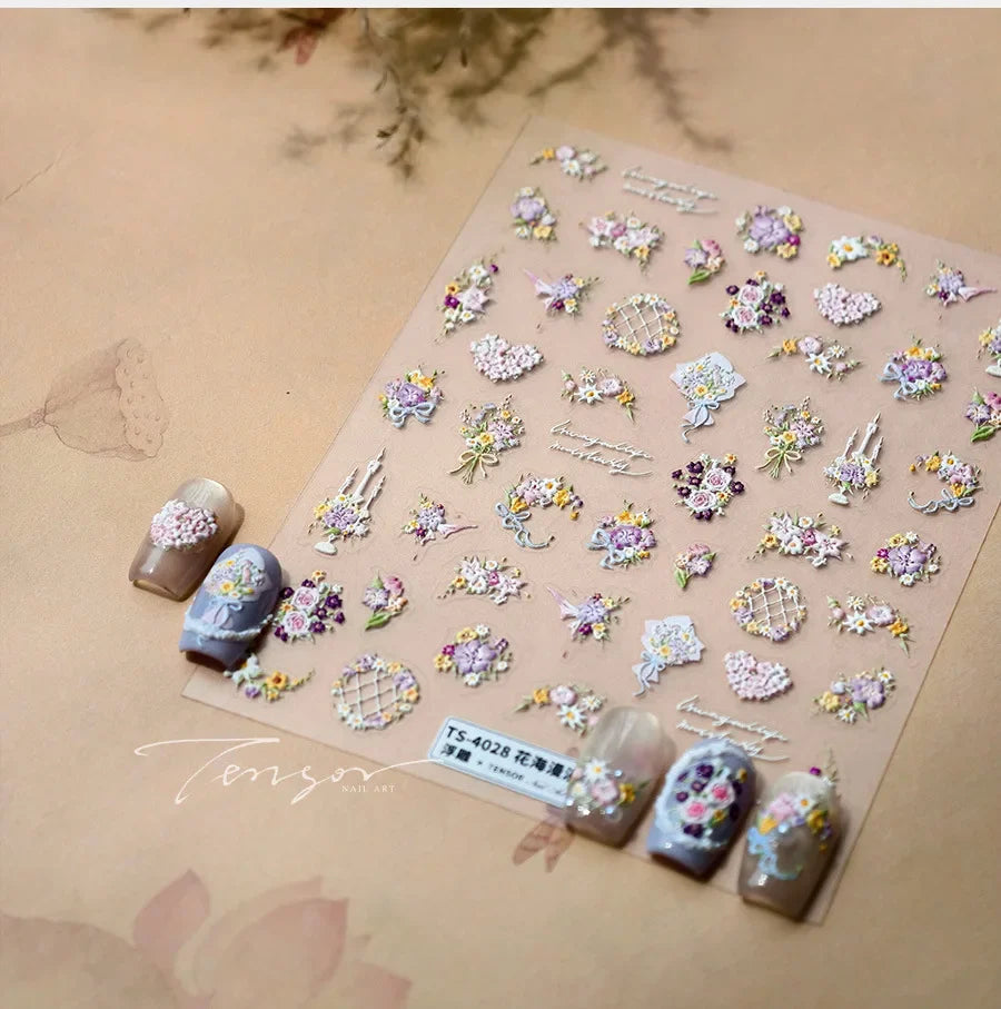 Romantic Flowers Bouquet Butterfly Rose Bowknot Candlestick Wreath Love Heart 5D Self Adhesive Nail Art Stickers Manicure Decals (Online Order Only)