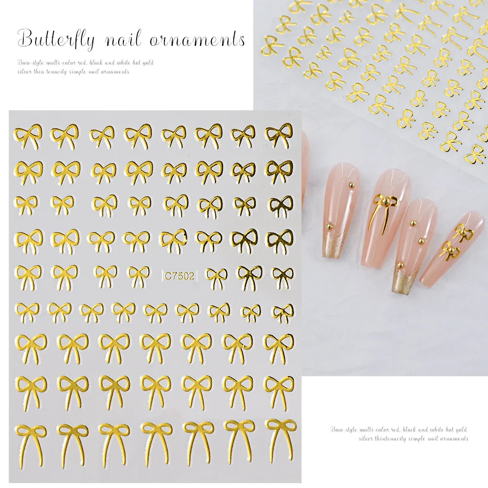 6pcs/Set Lovely Line Bowknot Nail Sticker Gold Silver Black White Pink Red Bow Tie Mini Bowknot 3D Self Adhesive Manicure Decals (ONLINE ORDER ONLY)