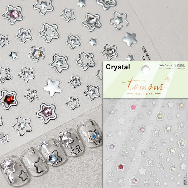 Colored Crystal Star Love Heart Shiny Silver Hollowed Smudging Rainbow Flower Jelly Embossed Nail Art Stickers Manicure Decals (ONLINE ORDER ONLY)