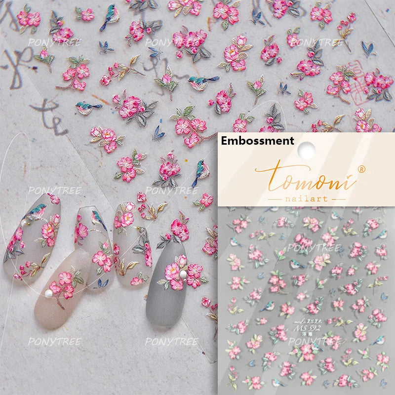 Pink Peach Blossom Flower White Pear Romantic Archaistic Swallow Window Adhesive Nail Art Stickers Rhinestone Manicure Decals (ONLINE ORDER ONLY)