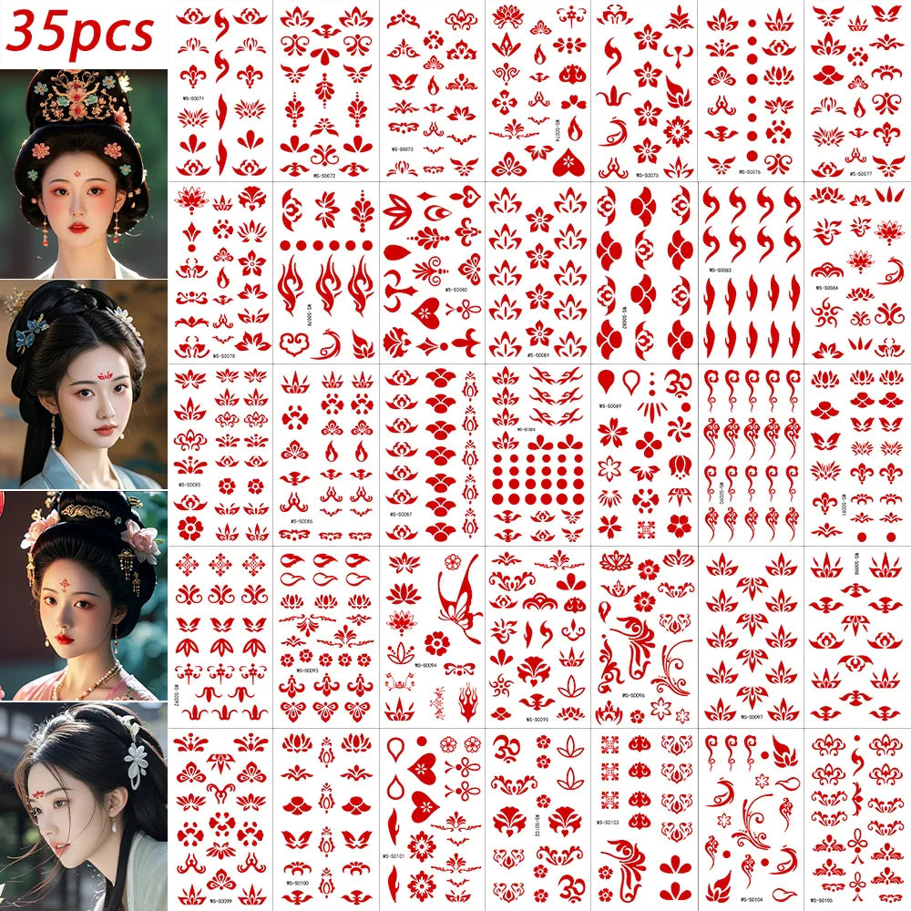 35pcs Eyebrow Flowers Stickers Red Dot Forehead Lotus Stickers Waterproof And Long Lasting Realistic Temporary Tattoo Stickers * (ONLINE ORDER ONLY)