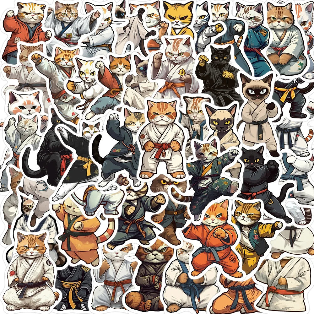 50Pcs Cute Cat Kung Fu Stickers for Helmet, Wall, Desktop Decoration (Online Order Only)