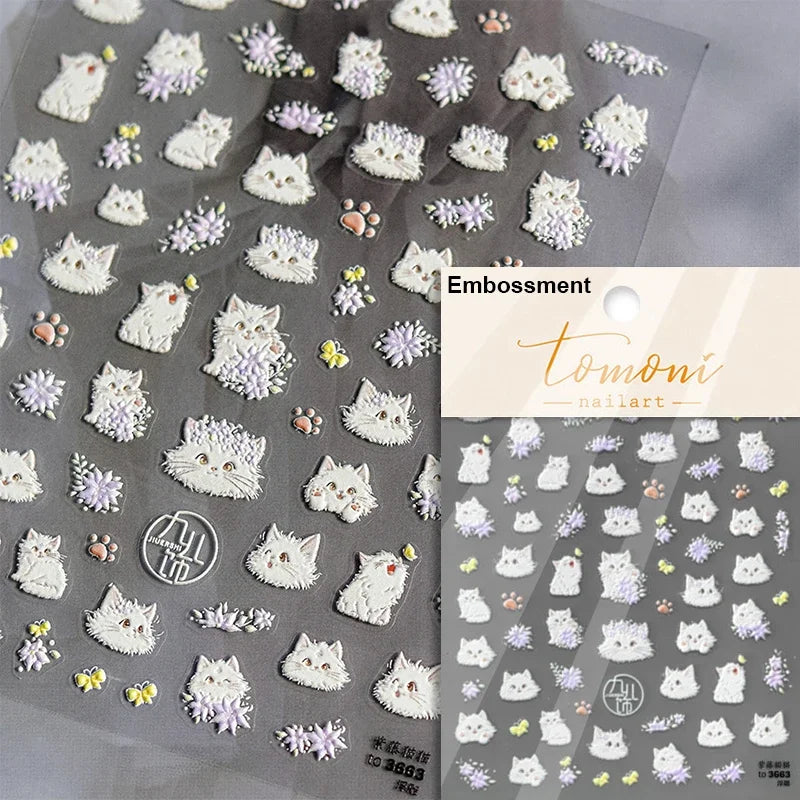 White Halo Dyeing Cat Face Cup Black Orange Toy Umbrella Love Heart Kitty Cake Embossed Relief Nail Art Stickers Manicure Decals (ONLINE ORDER ONLY)