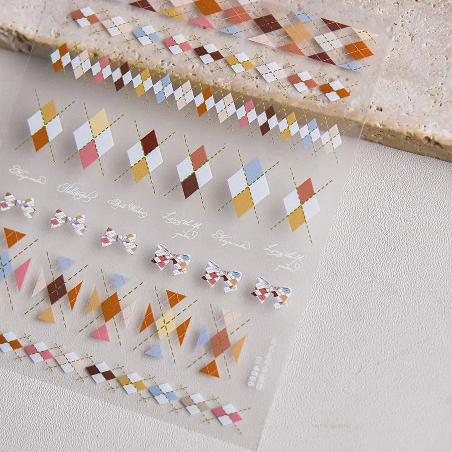 French Style Colorful Square Grid Rhombus Stripe Bowknot Line 3D Self Adhesive Nail Art Stickers Shiny Rhinestone Manicure Decal (Online Order Only)