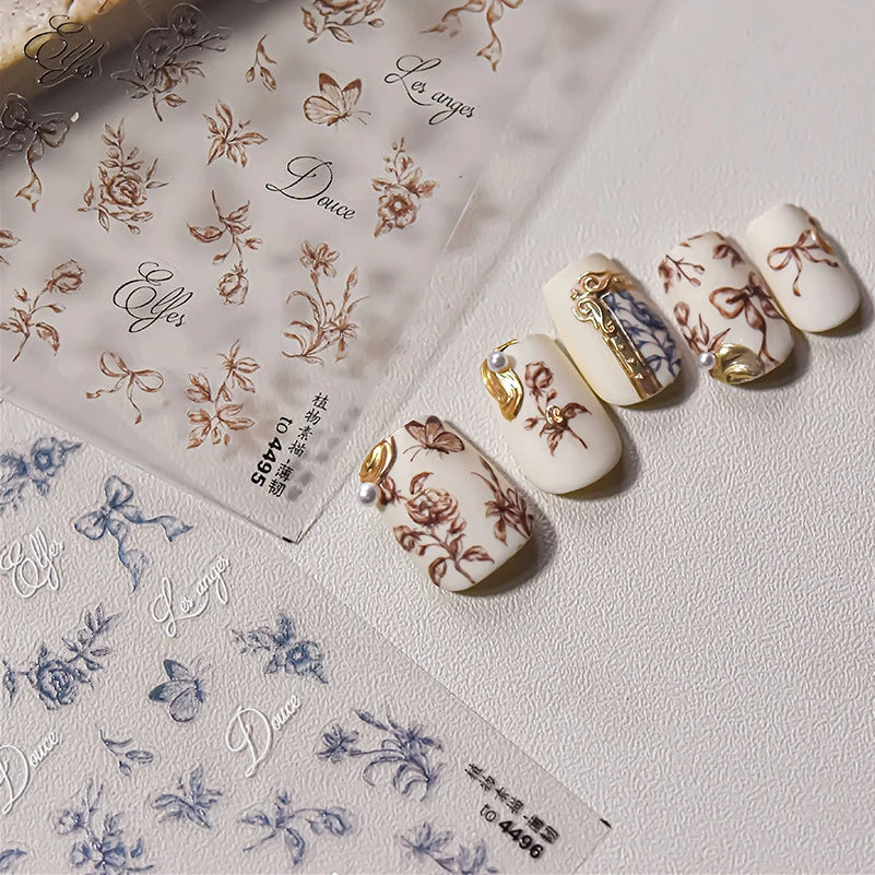 Brown Blue White Hand Drawn Sketch Plants Leaves Bowknot Butterfly Flowers Adhesive Nail Art Decoration Stickers Manicure Decals (Online Order Only)