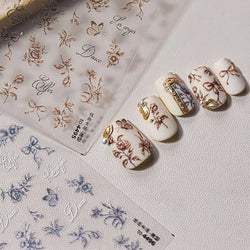 Brown Blue White Hand Drawn Sketch Plants Leaves Bowknot Butterfly Flowers Adhesive Nail Art Decoration Stickers Manicure Decals (Online Order Only)