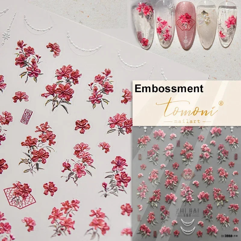 Gradient Coloredful Flower Petal Green Leaf Dreamy Shiny Chinese Rose Fantasy Relief Adhesive Nail Art Stickers Manicure Decals (Online Order Only)