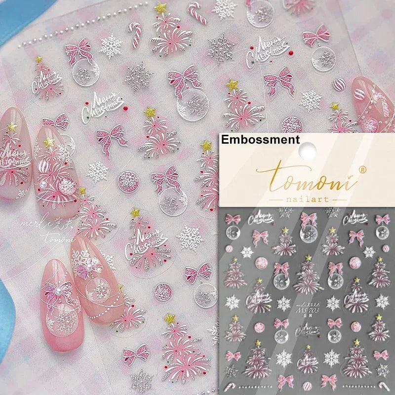 Dressy Embossment Colorful Gradient Snowflakes Laser Silver Christmas Tree Winter Bowknot Santa Nail Art Stickers Manicure Decal (Online Order Only)