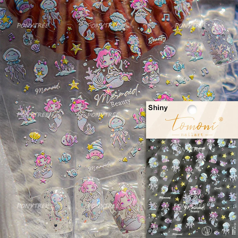 Hot Stamping Laser Shell Conch Starfish Pearl Whale Coral Dolphin Summer Beach Sea Wave Jellyfish Bubble Nail Art Stickers Decal (ONLINE ORDER ONLY)