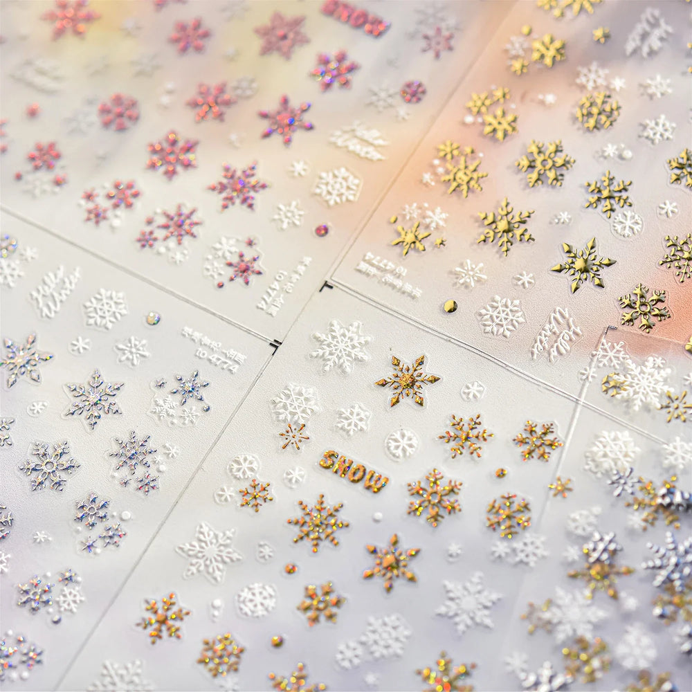 Shiny Snow Delicate Gold Pink Silver White Romantic Winter Self Adhesive Nail Art Stickers Snowflake Rhinestone Manicure Decals (ONLINE ORDER ONLY)