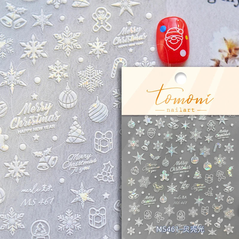Hot Stamping Romantic White Gold Snowflakes Hexagon Winter 3D Self Adhesive Nail Art Stickers Shiny Rhinestone Manicure Decals (Online Order Only)