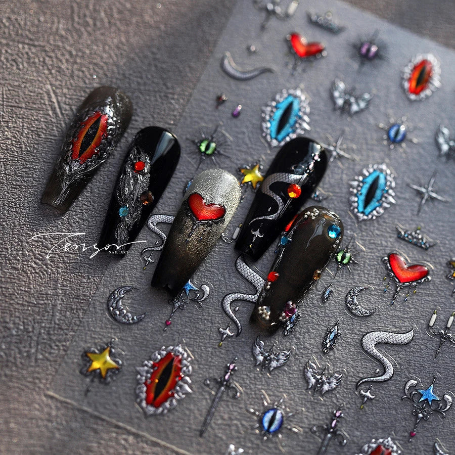 Glitter Star Snake Moon Darkness Eye Love Heart Crown Sword Self Adhesive Nail Art Stickers Punk Jelly Angel Wing Manicure Decal (ONLINE ORDER ONLY)