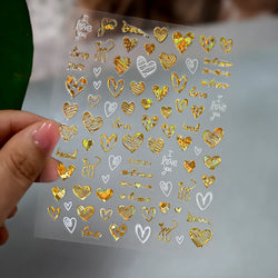 1PC Holographic Laser Heart Nail Stickers-3D Self-Adhesive Golden White Valentines Day Nail Decals For Women Nail Art Decoration (ONLINE ORDER ONLY)
