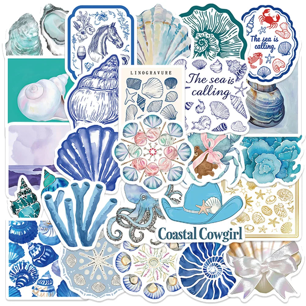50pcs Aesthetic Cartoon Shell Blue Ocean Stickers Waterproof Graffiti For Luggage Guitar Phone Diary Laptop Vinyl Decals (Online Order Only)