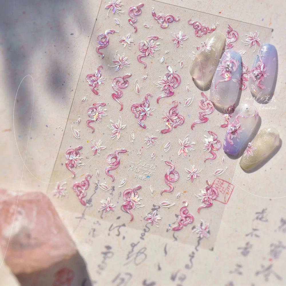 Chic Purple Serpent Flower Winding Snake Elements Shiny Dreamy Animals Self Adhesive Nail Art Sticker Embossment Manicure Decals (ONLINE ORDER ONLY)