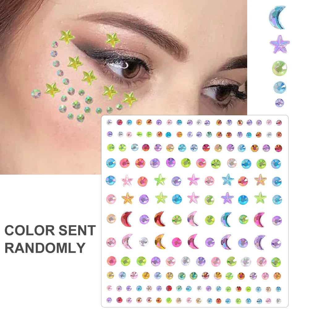 5Pcs Coloful Glitter Face Jewelry Sticker Crystal Eye Body Face Jewels Bady Makeup Tools Temporary Self-Adhesive Nail Rhinestone (ONLINE ORDER ONLY)