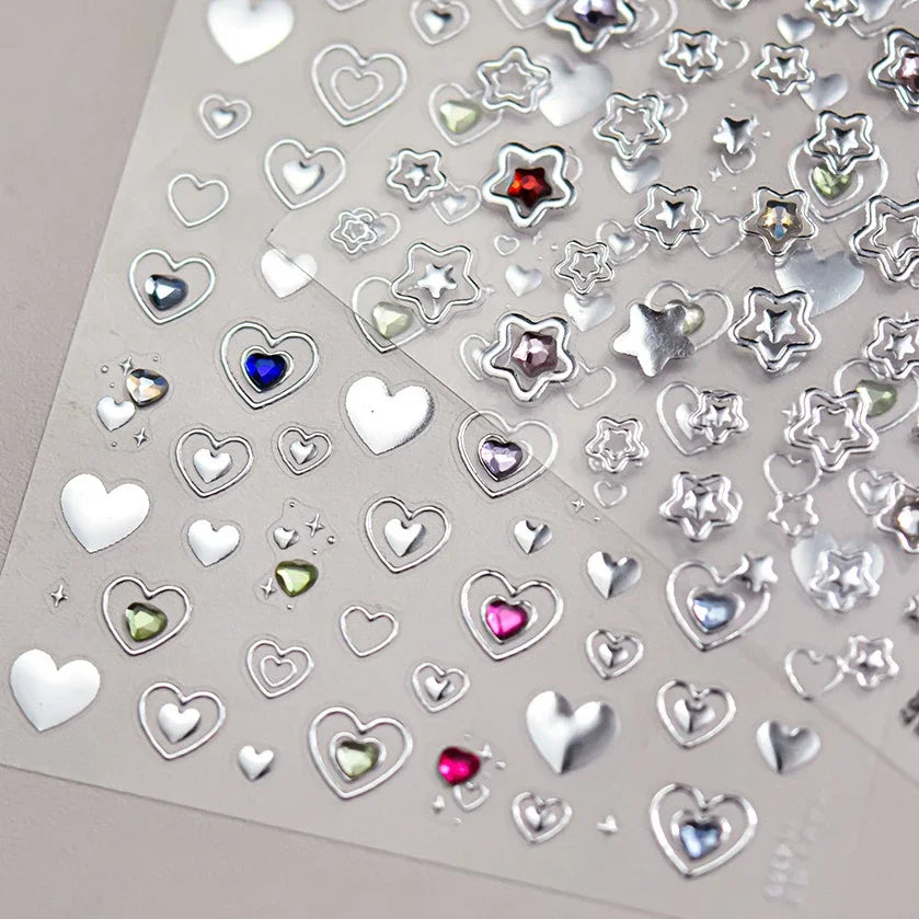 Colored Crystal Star Love Heart Shiny Silver Hollowed Smudging Rainbow Flower Jelly Embossed Nail Art Stickers Manicure Decals (ONLINE ORDER ONLY)
