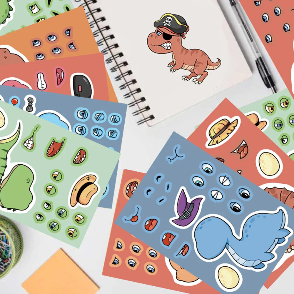 8/16Sheets Cute Dinosaur Puzzle Stickers Make-a-Face Games Toy Create Your Own DIY Funny Cartonn Assemble Jigsaw Children Gift (ONLINE ORDER ONLY)