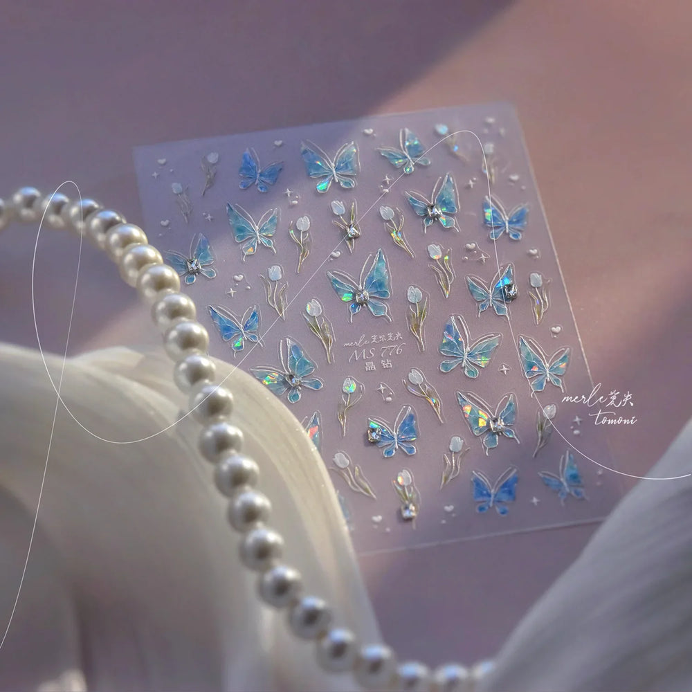 Blue Purple Tulip Flower Butterfly Garden Blossom Floral Charming Delicate 5D Relief Adhesive Nail Art Stickers Manicure Decals (ONLINE ORDER ONLY)