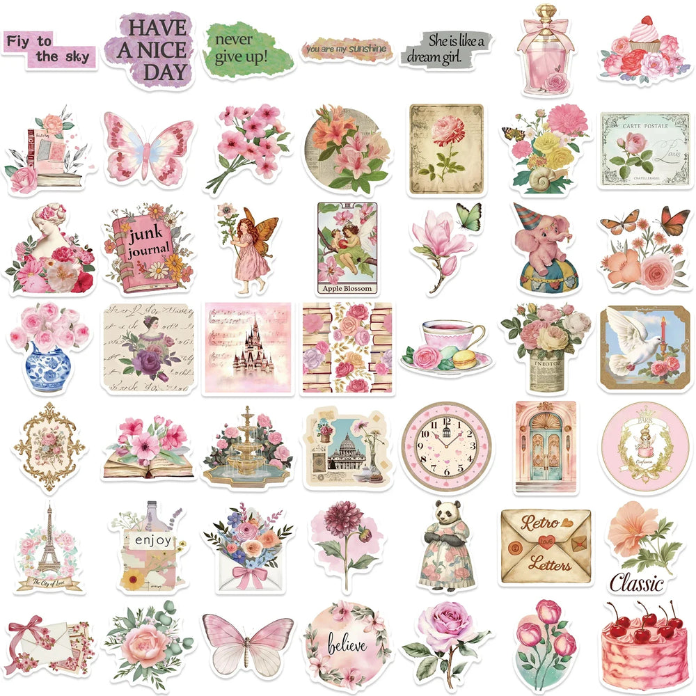 50PCS Retro Pink Collage Doodles Sticker Waterproof Graffiti Sticker Art Picture Luggage Home Scrapbook Cartoon Laptop (ONLINE ORDER ONLY)