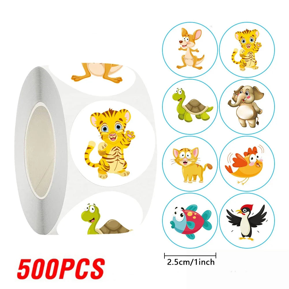 100-500pcs Round Cartoon Animal stickers for kids Teacher Reward Encourage Sticker Office Stationery for Children 1inch (Online Order Only)