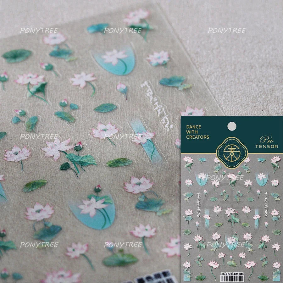 Retro Blue Lotus Flower Arrangement Vase Lantern Totem Pattern Bamboo Leaf Self Adhesive Nail Art Stickers Shiny Manicure Decals (ONLINE ORDER ONLY)