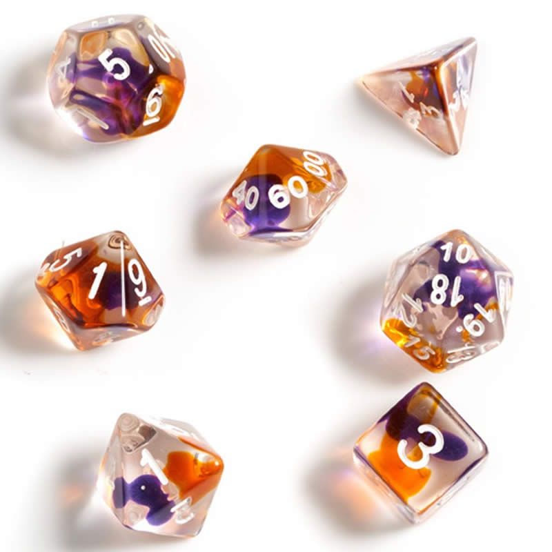 SDZ000202 Purple Orange Clear Resin Dice White Numbers 16mm (5/8 inch) 7 Dice Set (ONLINE ORDER ONLY)