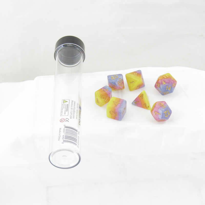 SDZ000302 Tahitian Sunset Resin Dice Gold Numbers 16mm (5/8 inch) 7 Dice Set (ONLINE ORDER ONLY)