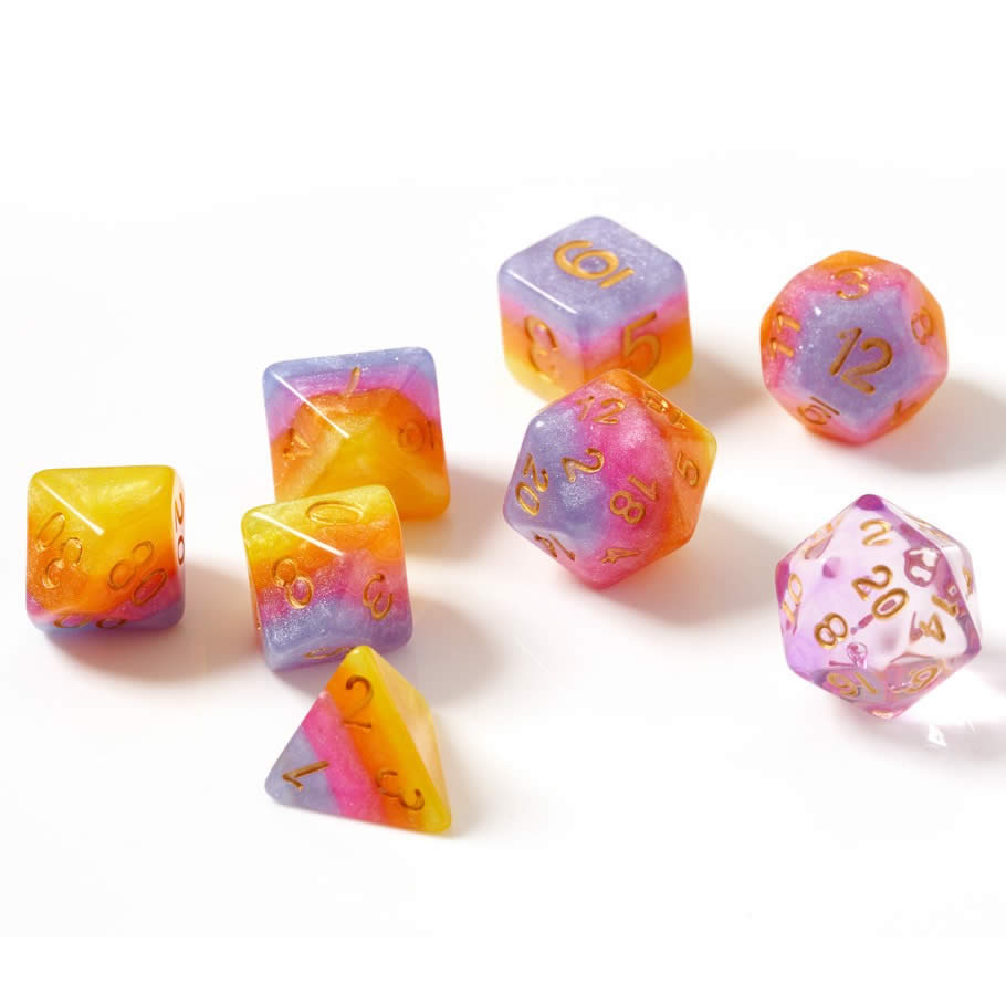 SDZ000302 Tahitian Sunset Resin Dice Gold Numbers 16mm (5/8 inch) 7 Dice Set (ONLINE ORDER ONLY)