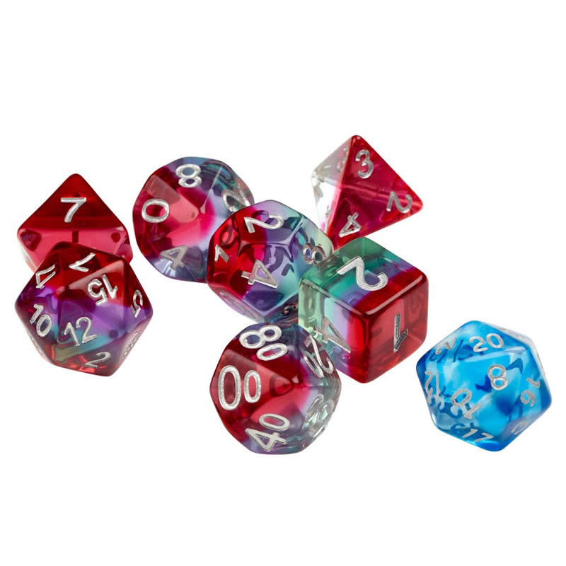 SDZ000405 Watermelon Resin Dice Silver Numbers 16mm (5/8 inch) 7 Dice Set (ONLINE ORDER ONLY)
