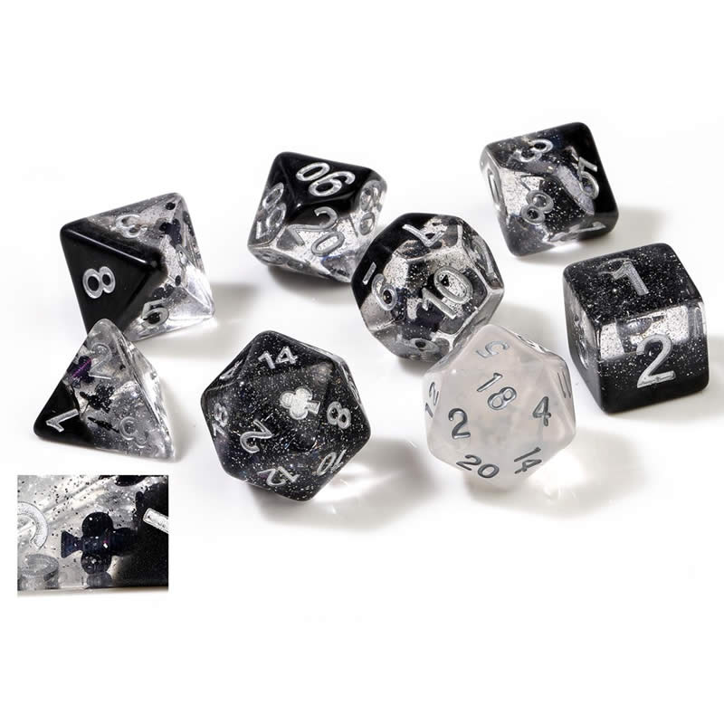 SDZ000504 Black Clear Clubs Resin Dice Silver Numbers 16mm (5/8 inch) 7 Dice Set Sirius Dice (ONLINE ORDER ONLY)