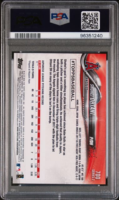 Graded 2018 Topps Shohei Ohtani #700 Pitching Rookie RC Baseball Card PSA 9 Mint (ONLINE ORDER ONLY)