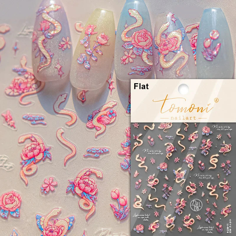 Auspicious Peach Blossom Snake Fan Flower The Spring Festival Tiger Head Adhesive Nail Art Stickers Red Lantern Manicure Decals (Online Order Only)