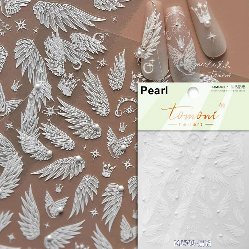 Charming White Shiny Pearl Rhinestone Wings Feathers Crown Moon Stars 3D Self Adhesive Nail Art Sticker Manicure Decal Wholesale (ONLINE ORDER ONLY)