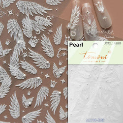 Charming White Shiny Pearl Rhinestone Wings Feathers Crown Moon Stars 3D Self Adhesive Nail Art Sticker Manicure Decal Wholesale (ONLINE ORDER ONLY)