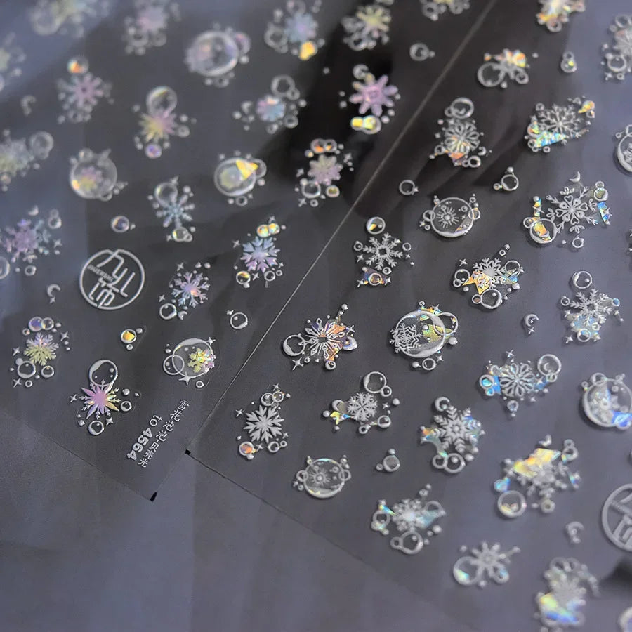 Shiny White Pink Blue Gold Snowflakes Hexagon Water Bubbles Winter 5D Self Adhesive Nail Art Stickers Rhinestone Manicure Decals (ONLINE ORDER ONLY)