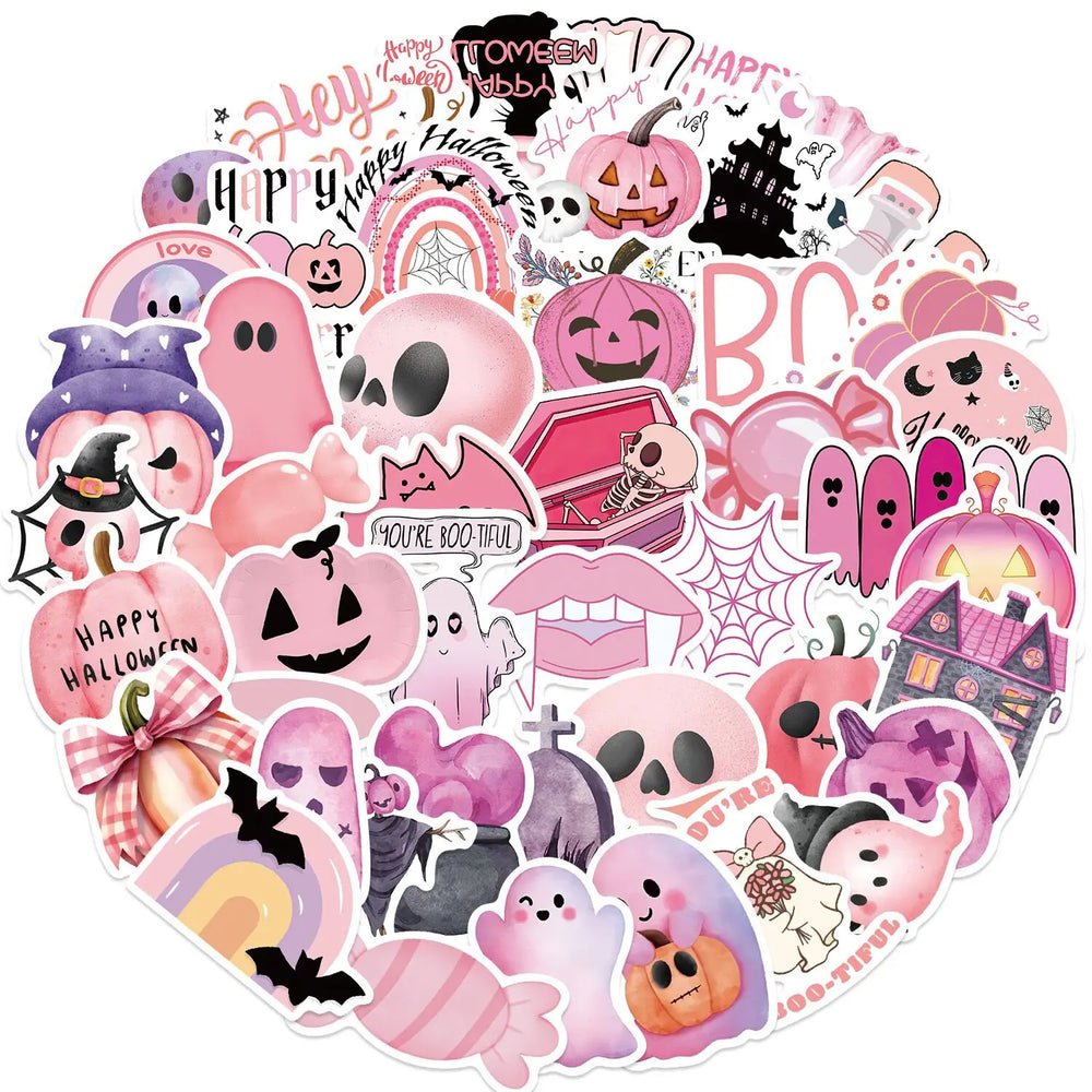 10/50pcs Kawaii Pink Cartoon Halloween Ghost Skull Stickers Pumpkin Decals Notebook Laptop Fridge Guitar Decoration Sticker Toy (Online Order Only)