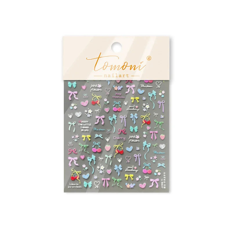 Doodle Pink Blue Ribbon Bowknot Flower Cherry Strawberry Graffiti Love Heart Delicate Embossed Nail Art Sticker Manicure Decals (ONLINE ORDER ONLY)