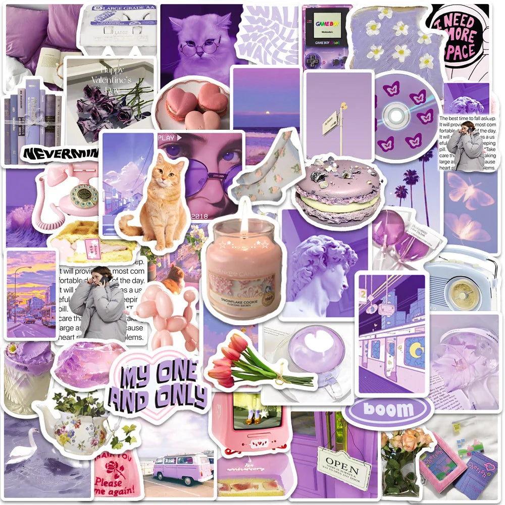 Cute Purple Cat Stickers Pack - Aesthetic Cartoon Decals for Laptop, Phone, Scrapbook, Suitcase (ONLINE ORDER ONLY)