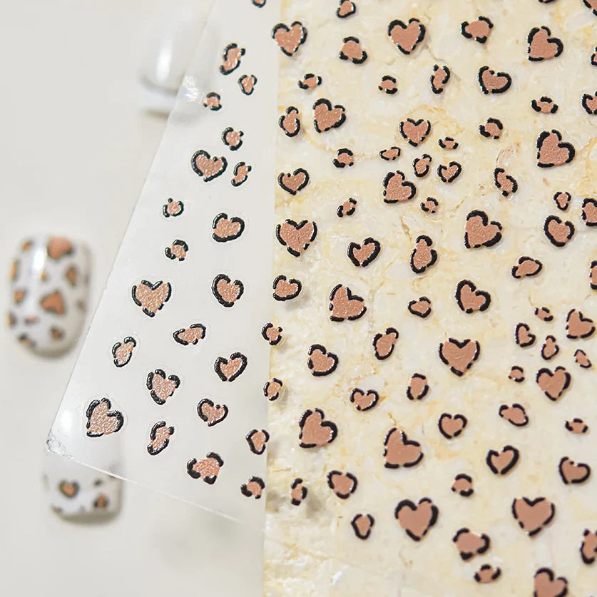 Flat Small Pink Brown Halo Dyeing Love Heart Geometric Leopard Shiny Jelly Chic Embossed Relief Nail Art Stickers Manicure Decal (Online Order Only)