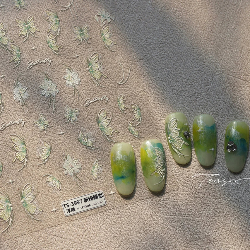 Green Blue Glass Butterfly Lily Flowers Star Line Water Droplet Charming Shiny Self Adhesive Nail Art Stickers Manicure Decals (ONLINE ORDER ONLY)