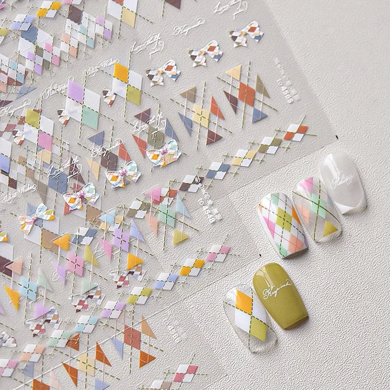 French Style Colorful Square Grid Rhombus Stripe Bowknot Line 3D Self Adhesive Nail Art Stickers Shiny Rhinestone Manicure Decal (Online Order Only)